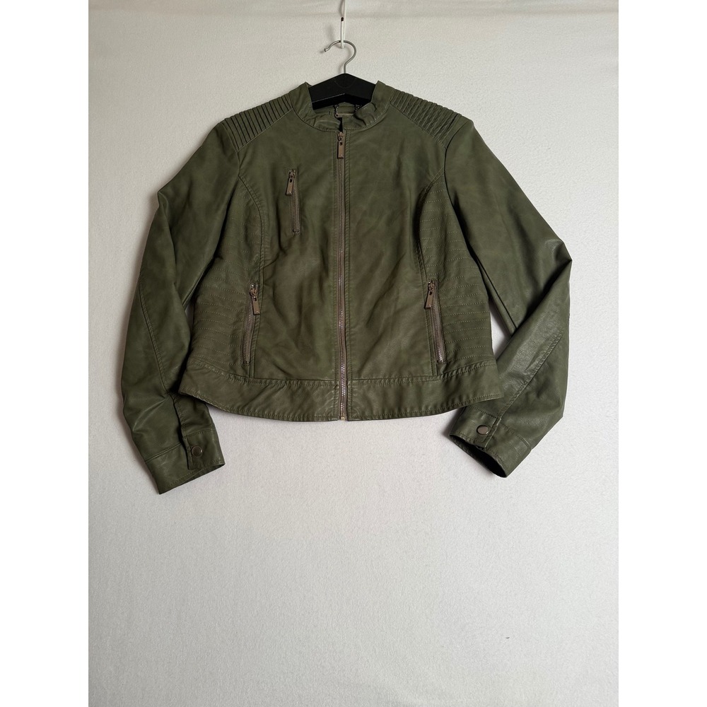 J2 Olive Green Faux Leather Biker Moto Jacket Ribbed Quilted Size Large